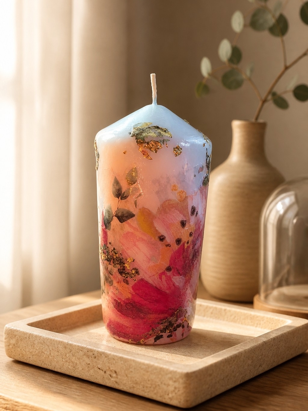 Hand-Poured pillar Floral Decorative Candle - Pink, Gold, Blue- decoupage 60 hrs